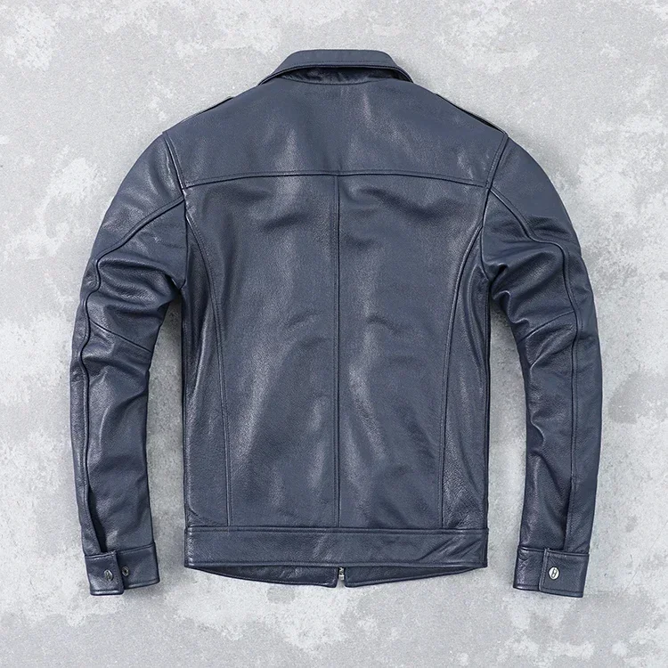 Description Picture 4 of item.2021 new fashion new cheap blue cowhide jacket.men short slim genuine leather coat.father casual leather cloth
