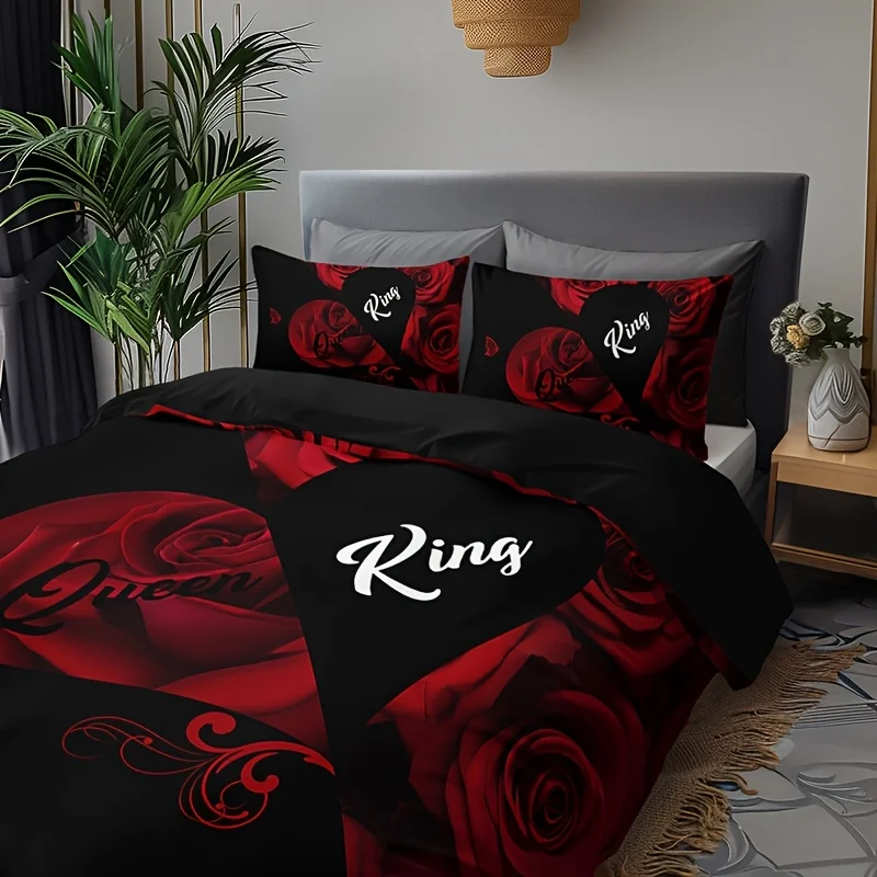Love Rose Letter Print Duvet Cover Set - Romantic Red & White Design with 1 Duvet Cover + 2 Pillowcases, High-Definition Print