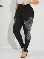 Plus Size Women's Leggings Sparkling Rhinestone Angel Wings Pattern Skinny Trousers Fashion Casual High Stretch Knit Bottoms - Image 2