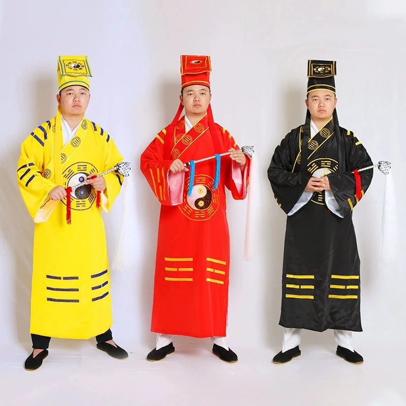 Taoist Costume for Adults 150-195cm Chinese Shaolin Monk Tai Chi Robes + Gown + Whisk Hat Taoism Clothing