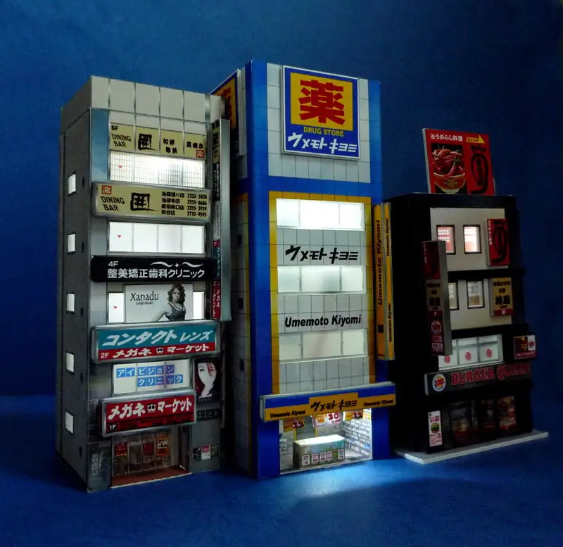 1:150 N-Scale Japanese Building Diorama 3D Paper Model Scene DIY Handmade Ornaments 3 commercial buildings