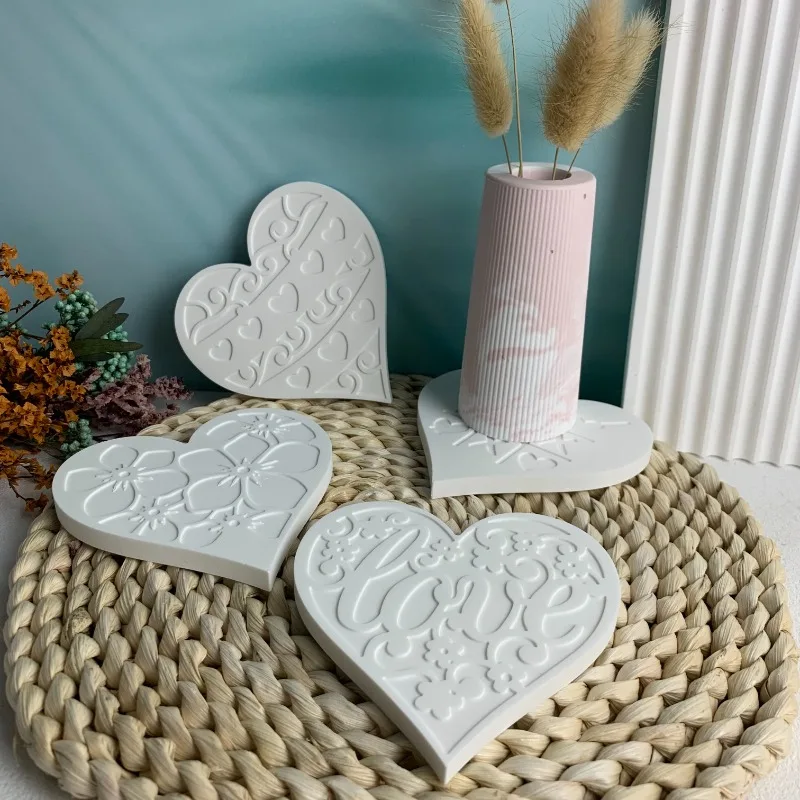 Heart Pattern Coaster Silicone Mold Valentines Day Love Flower Plaster Resin Concrete Wine Glass Mat Mould Jewelry Display Plate silicone mold