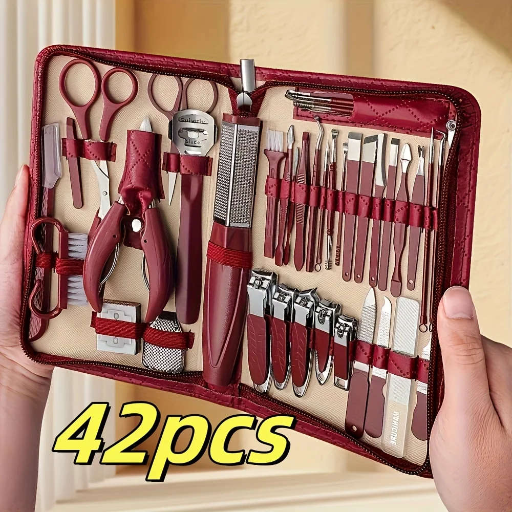 Modernes Nagelknipser-Set im braunen Stil, 42-teilig, aus Edelstahl, tragbar, für Pediküre und Ohrreinigung, für den Heimgebrauch_voghion.com