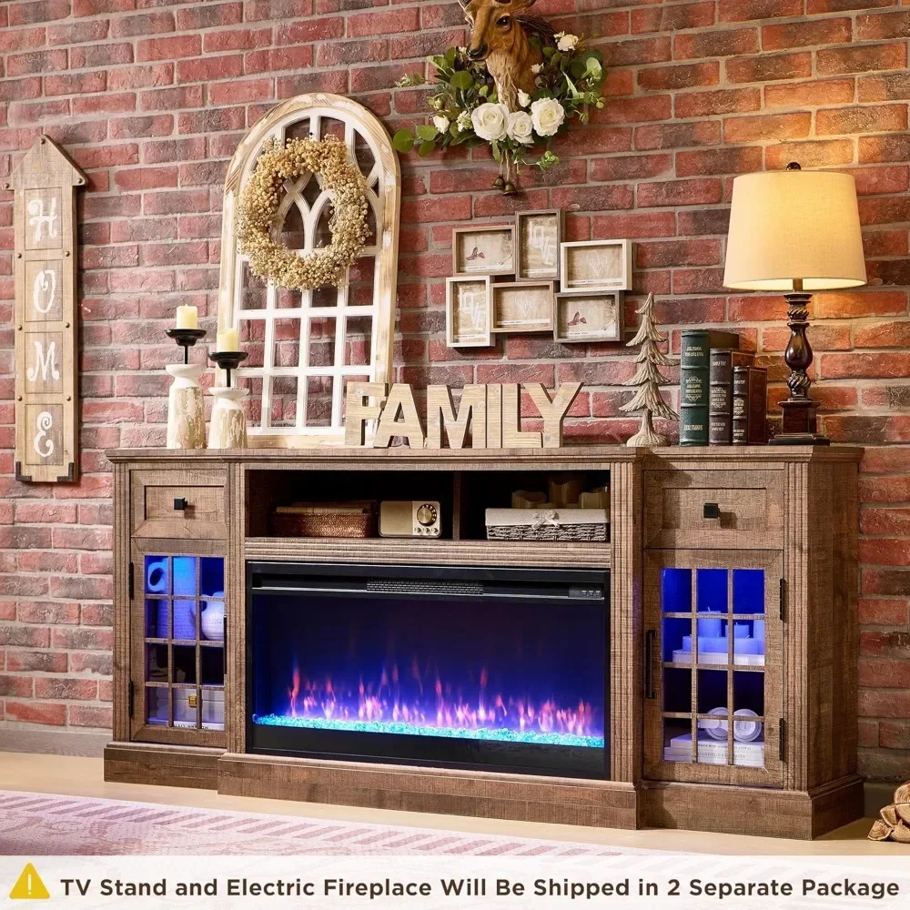 Fireplace TV Stand for 80 Inch TV, Farmhouse Entertainment Center w/LED Lights & 36" Electric Fireplace, Large Media Console 3