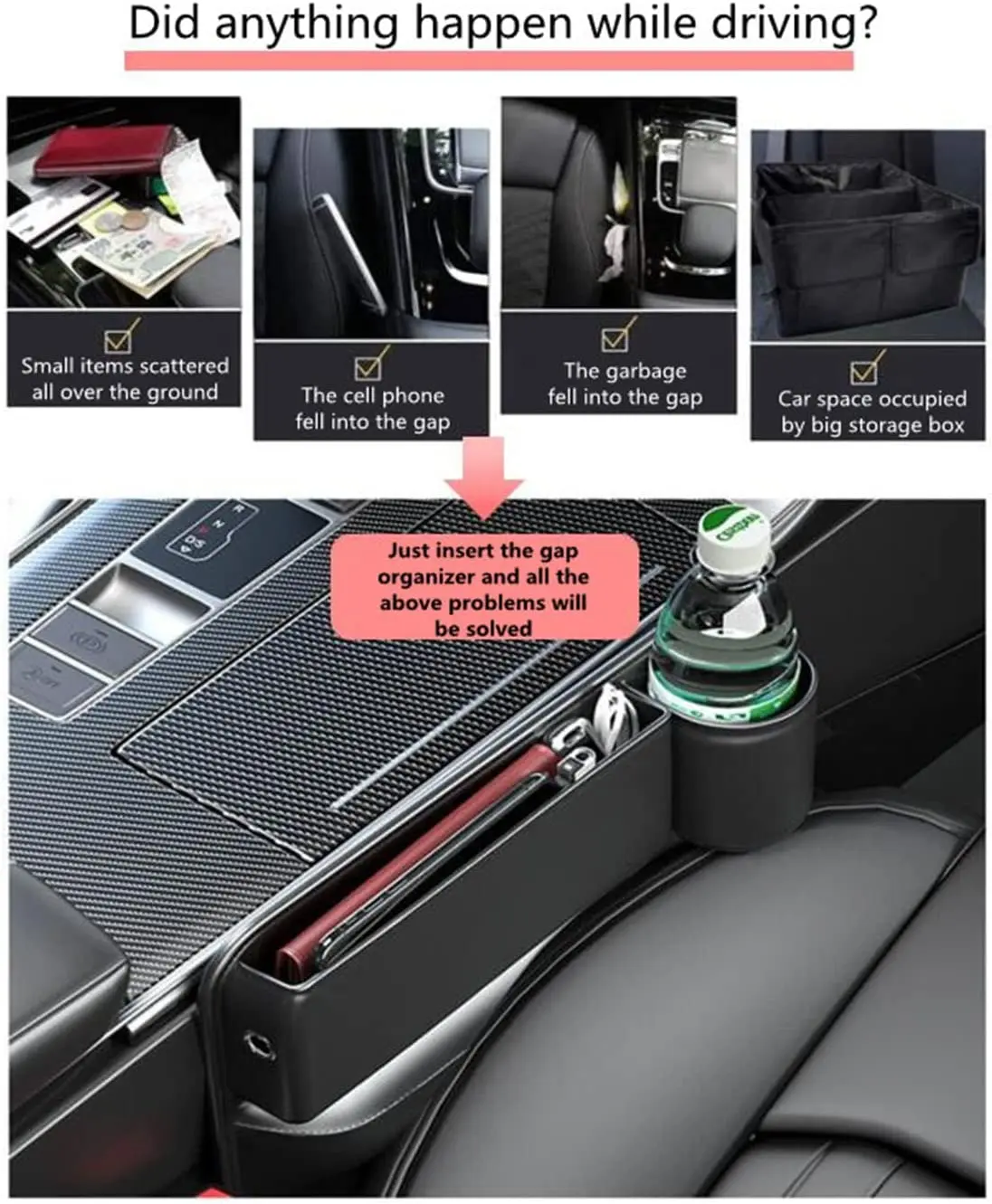 Pu Leather Car Seat Gap Organizer Auto Console Side Storage Box with Cup Holder Seat Crevice Storage Box for Cellphones