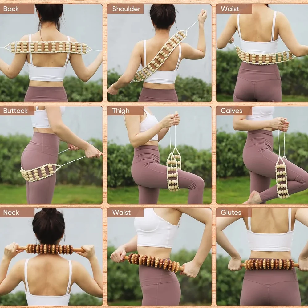 2PCS Wood Therapy Massage Tools,Wooden Massage Roller Stick,Back Massager Roller Rope,Maderoterapia Kit Colombiana for Lymphatic