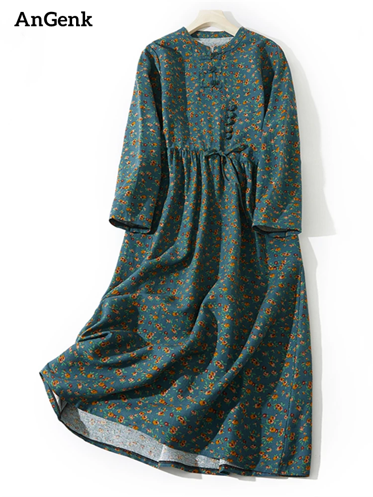Cotton Linen Vintage Floral Print Dresses For Women 2022 Spring Autumn