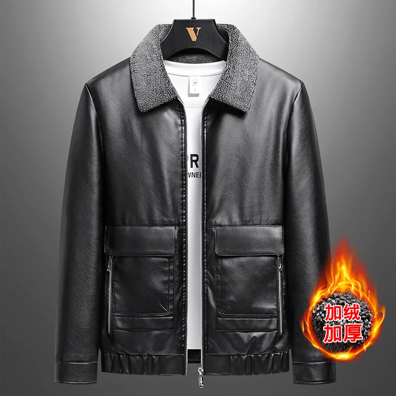 Men Clothing Cheap Wholesale Leather Jacket Long Sleeve Fleece Waterproof PU Leather Jackets Winter Thick Warm Zipper Coat Black
