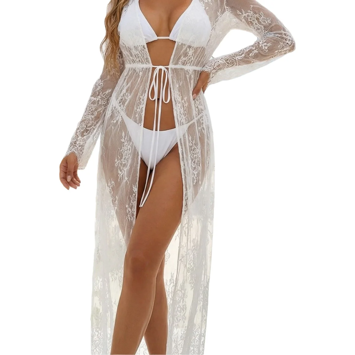 Women's Sexy See-through Lace Long Sleeve Sun Protection Cardigan Beach Cover-up Waist-cinching String Tie Outerwear 6