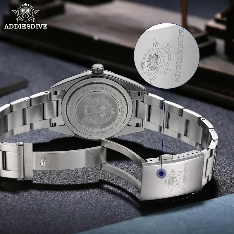 ADDIESDIVE-Montre-bracelet à quartz en acier inoxydable pour homme, miroir à bulles, couvercle de pot en verre, montre d'affaires, 36mm, AD2030