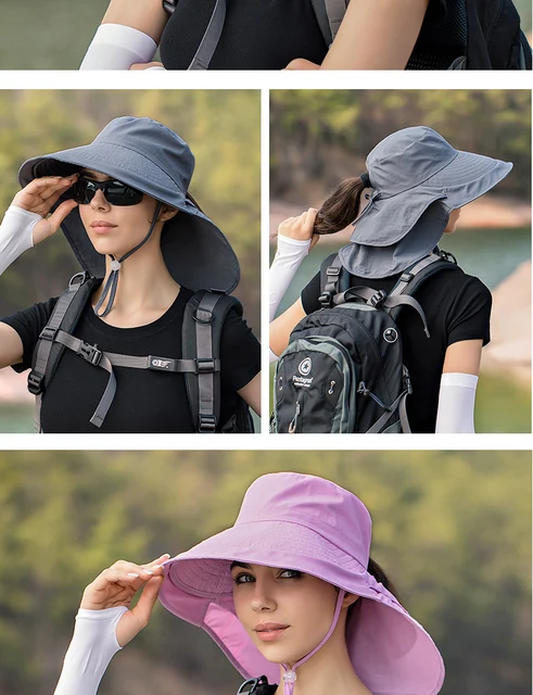 Cappello da sole a tesa larga da donna Cappello a secchiello Cappello estivo da pesca all'aperto Escursionismo Protezione UV anti-collo Scialle Visiera Cappello da donna Cofano_voghion.com