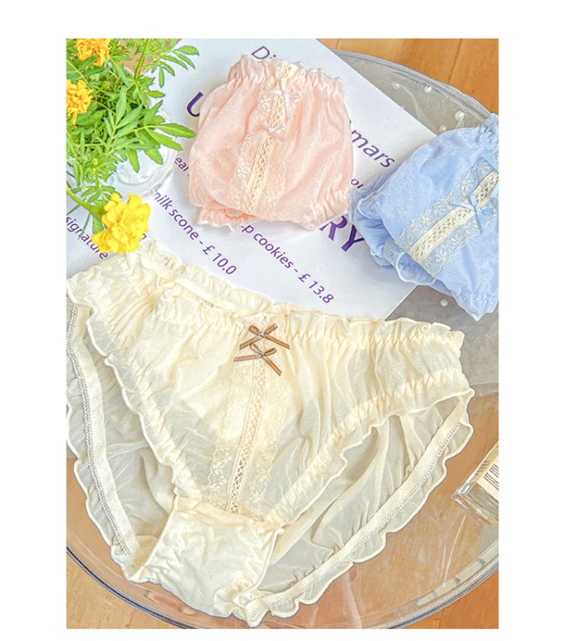 3XL Plus Size Women Ice Silk Panties Bow Ruffles Lolita Princess Style Underwear Candy Color Briefs Image 4