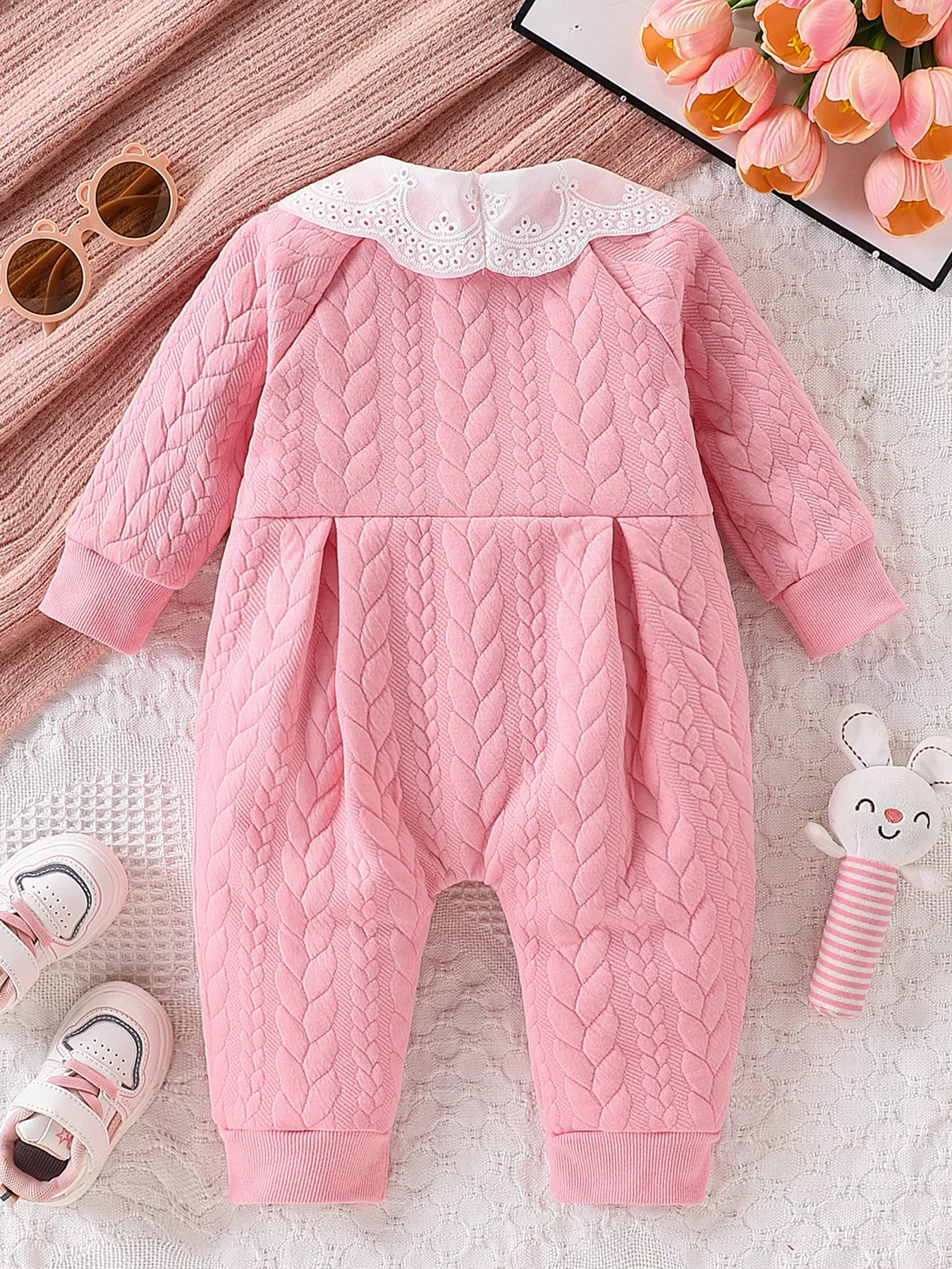 Cozy Pink Cable Knit Romper with Lace Collar and Bows