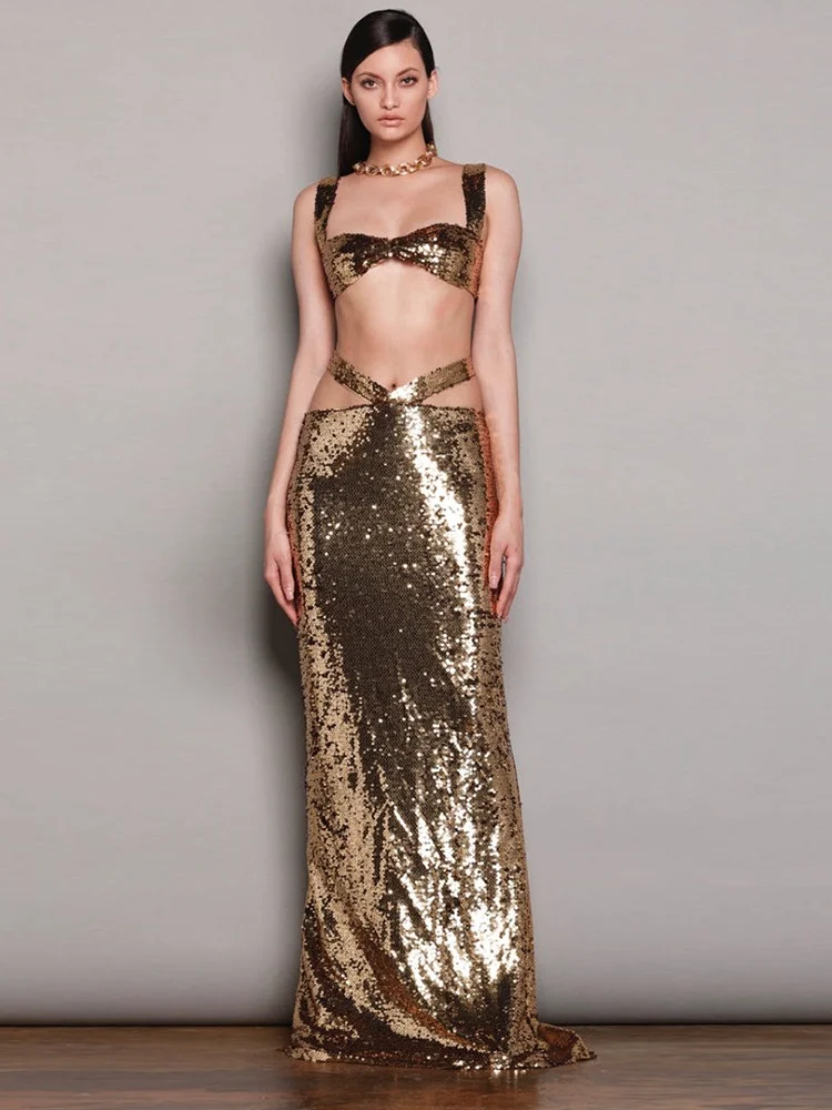 

BEVENCCEL, пикантный летний женский комплект из двух предметов, 2023 элегантная блестящая длинная юбка, модные длинные костюмы для ночного клуба