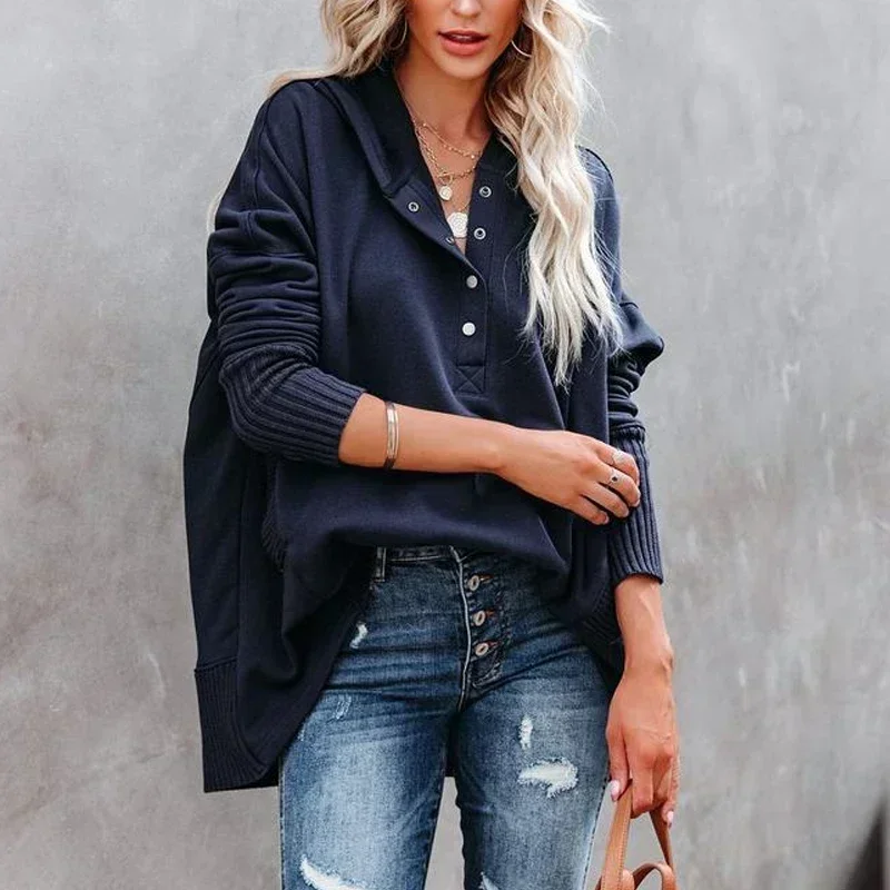 

Winter Casual Long Sleeve Hooded Women Pullovers Fashion Solid V-neck Sweater Women Loose Casual Office-lady Jumpers Tops 30195