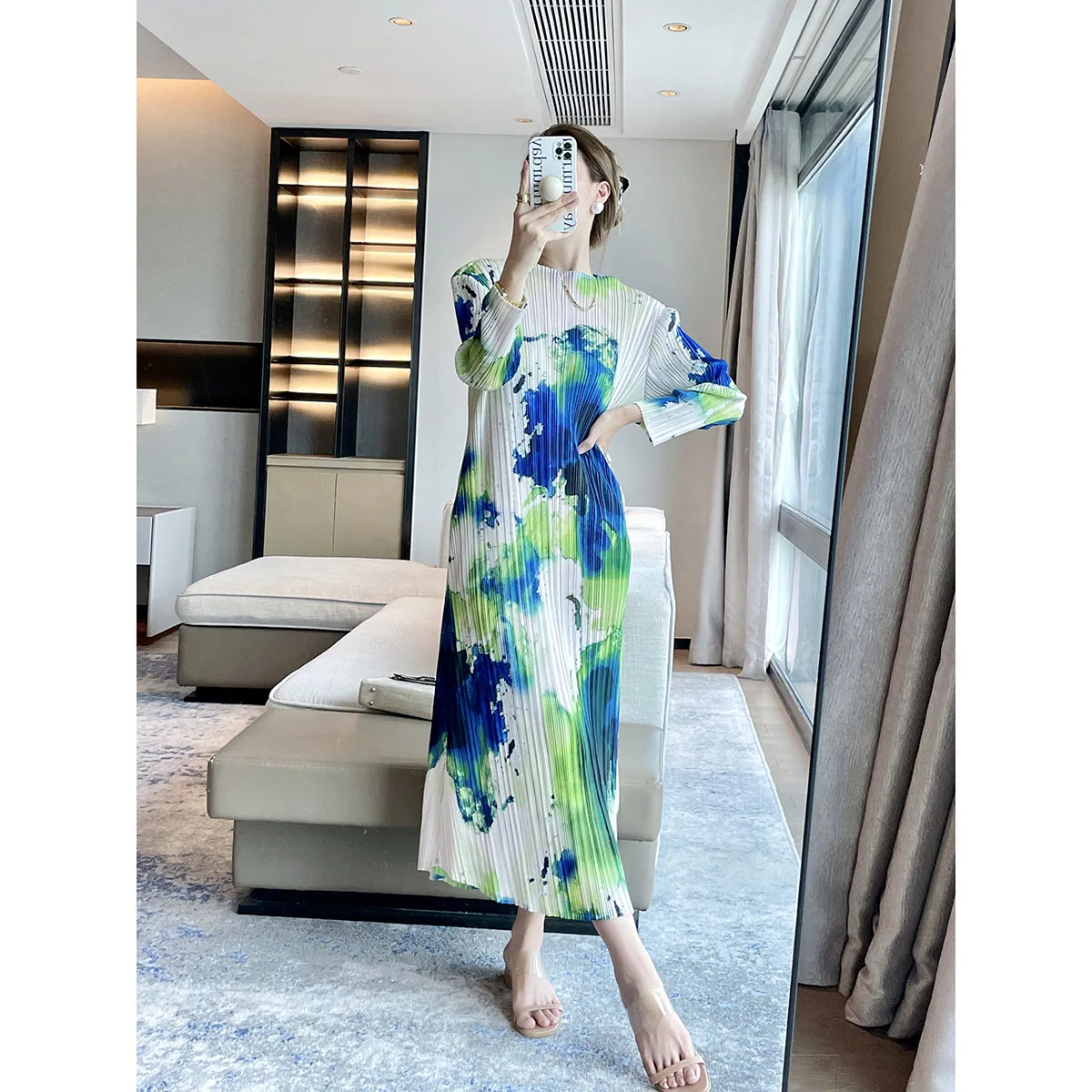 

Miyake Pleated Dress for Women 2023 Autumn New Fashion Ink Abstract Print Loose Large Size O-neck Long-sleeved Elegant Dress