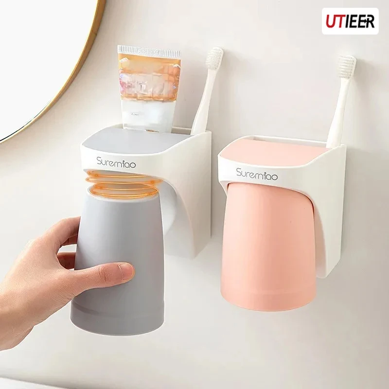 

Bathroom Gargle Toothbrush Cup Holder Wall Mount Magnetic Anti-dust Draining Mug Bathroom Cup Family Portable toothbrush cup