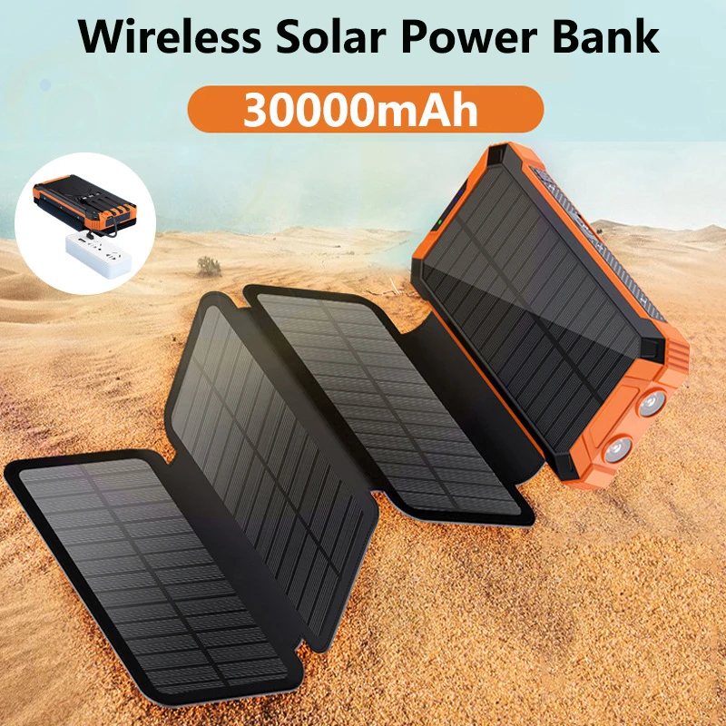 

Solar Power Bank 30000mAh Qi Wireless Charger Powerbank Built in Cable for iPhone 13 Samsung Huawei Xiaomi Poverbank with Light