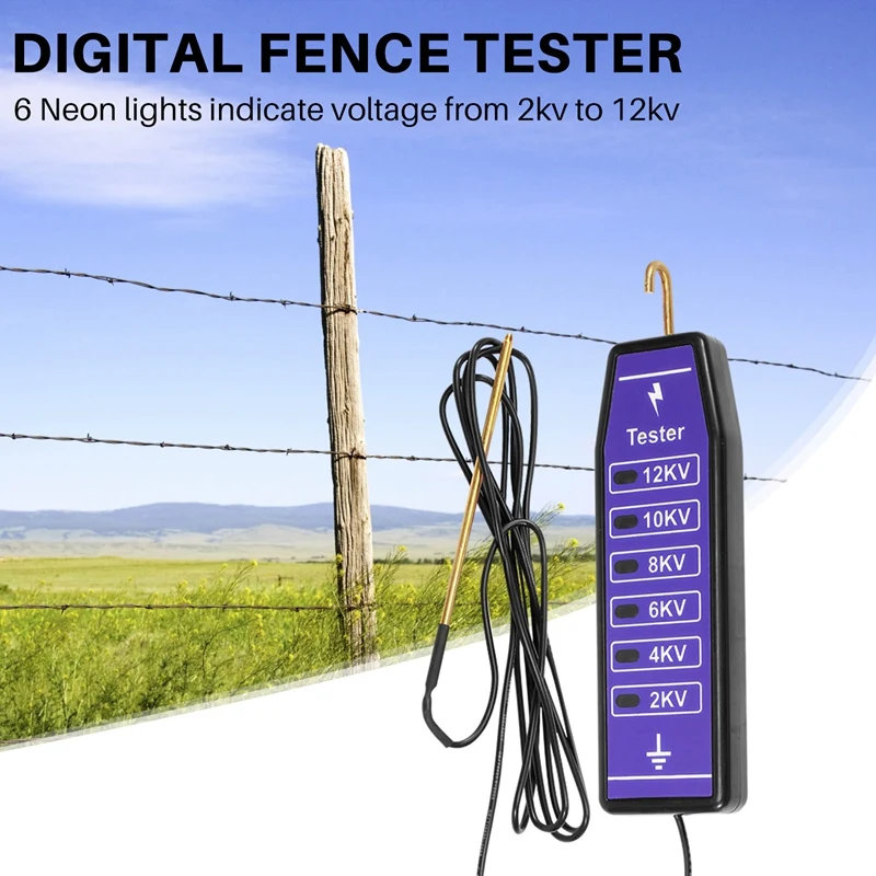 Electric Fence Voltage Tester - 1000-10000V Range, 6 LED Indicators, Waterproof, For Farm, Garden, And Livestock Fences