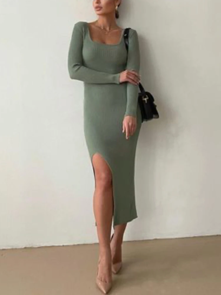 

Spring Women Knitted Dress Sexy Slim Long Sleeve Square Collar Office Ladies Pencil Dresses with Side Slit Long Dress for Women