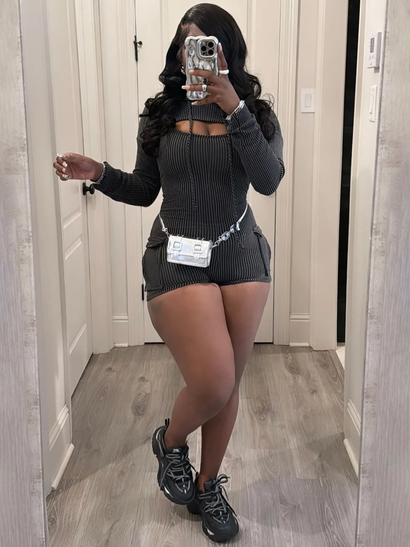 PYMQR 2024 Summer New Long Sleeved Hooded Suspender Slim Fit Jumpsuit Two-piece Set Woman Streetwear Club Party Beach Wear