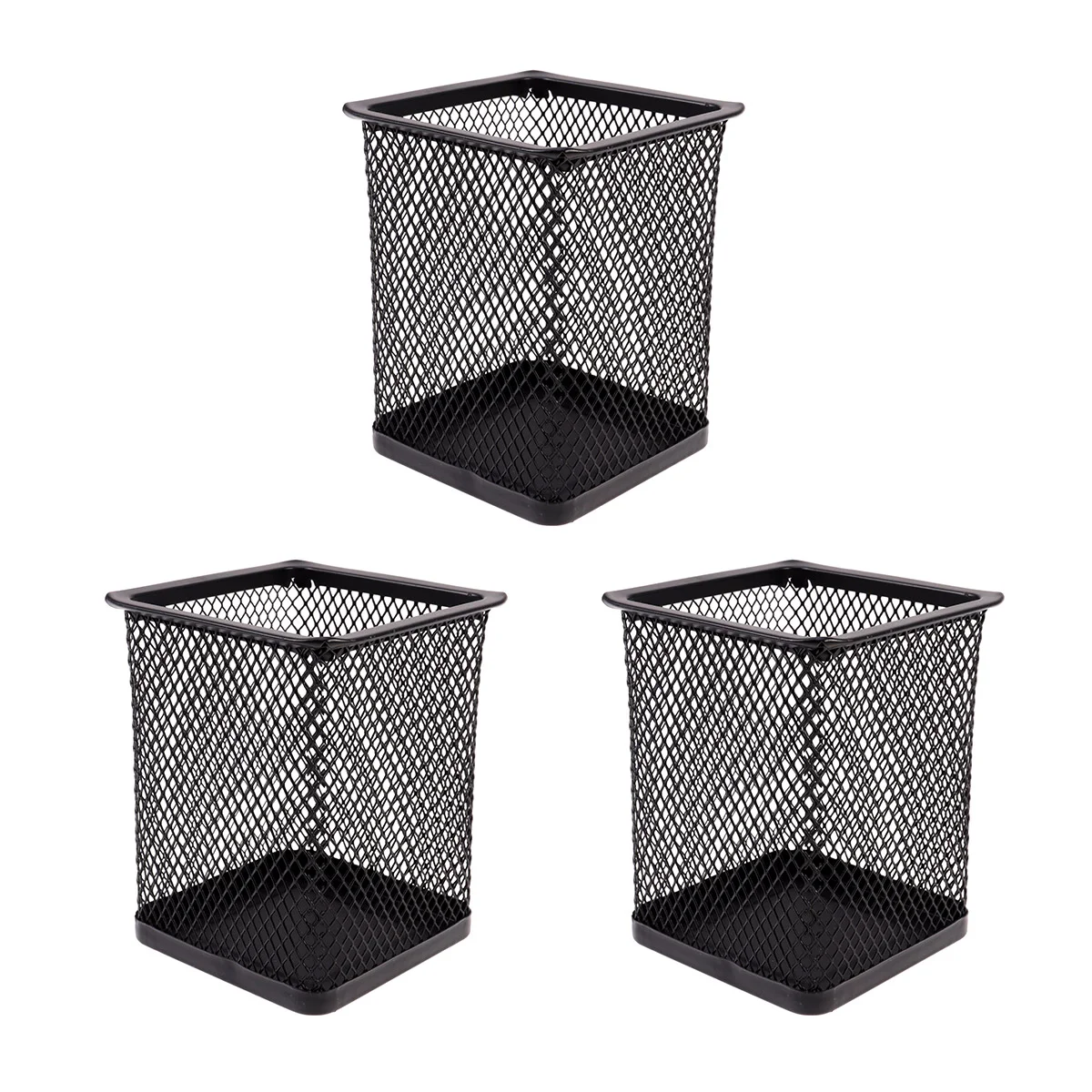 3pcs Pen Holder Iron Net Pen Container Square Creative for Home Office Room (Black)