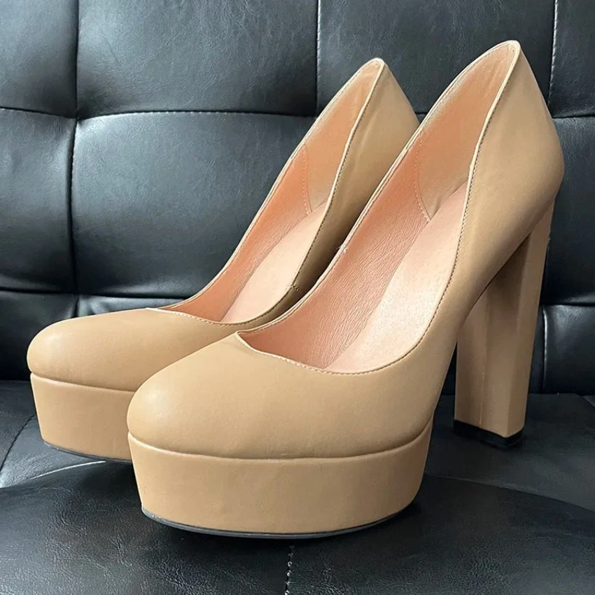 

2024 Handmade Women Spring Pumps Slip On Chunky High Heels Round Toe Elegant Nude Party Shoes Ladies Plus US Size 5-20