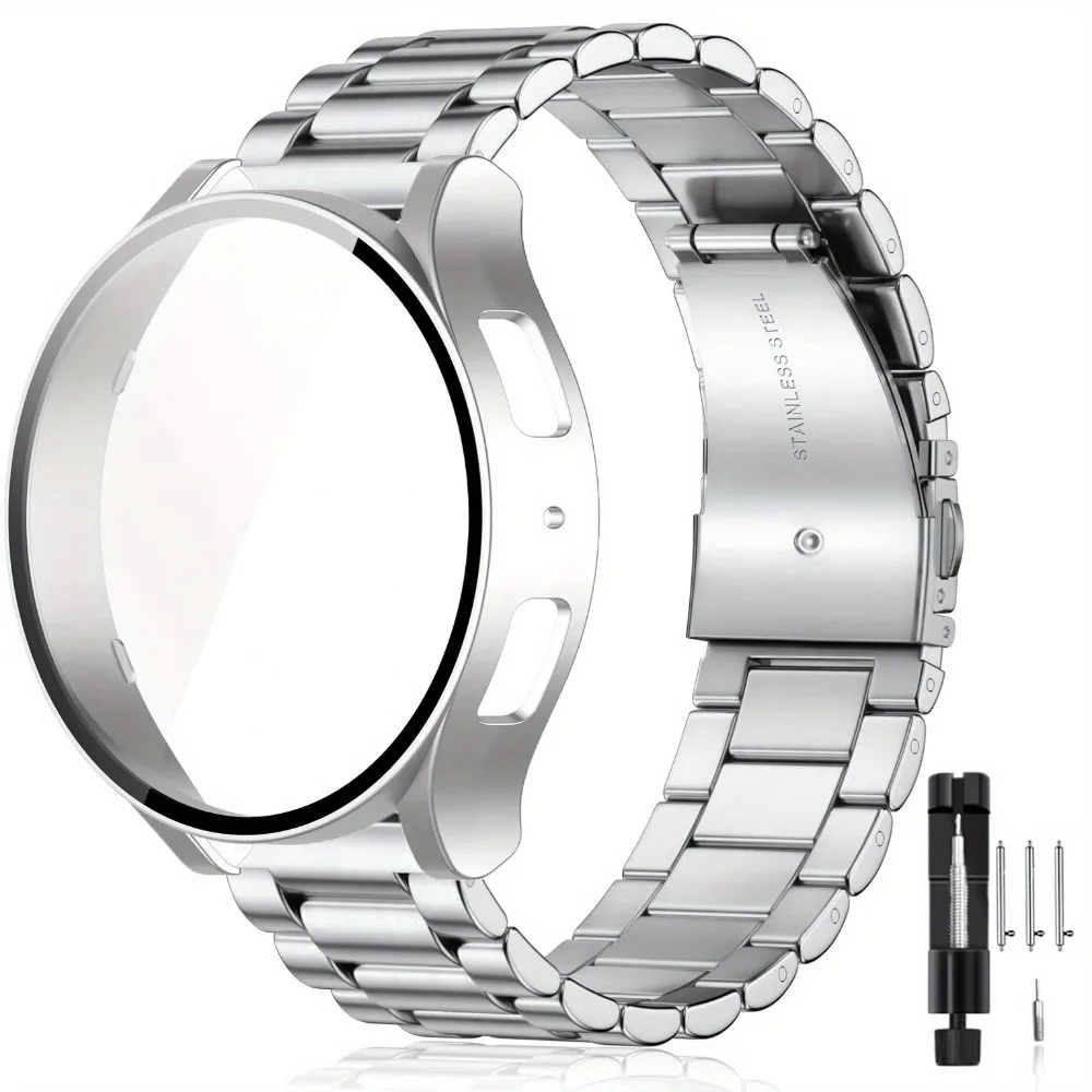 Premium Stainless Steel Watch Band with Tempered Glass Case Cover - Universal 44mm/40mm Replacement Strap