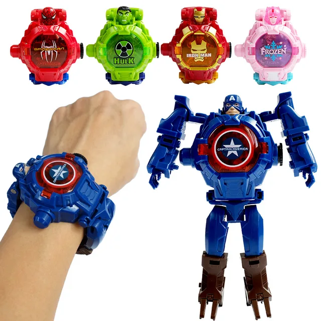 Iron Man Spiderman dessins animés montre pour enfants déformation robot 3d LED montre lumineuse modèle pour enfants montre jouet 1