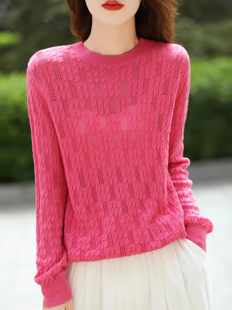 

Spring Summer Women's O-neck Hollow Wool Pullover Sweater Soft Thin Grace Twist Flower Shirt 30% Merino Wool Knitwear Korean Top
