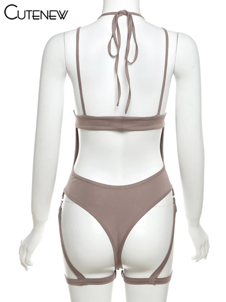 Sexy Swim Bodysuits Women Beach Style Unique Cut Out Bandage V-neck Slim Backless Playsuit Female Holiday Attractive Top