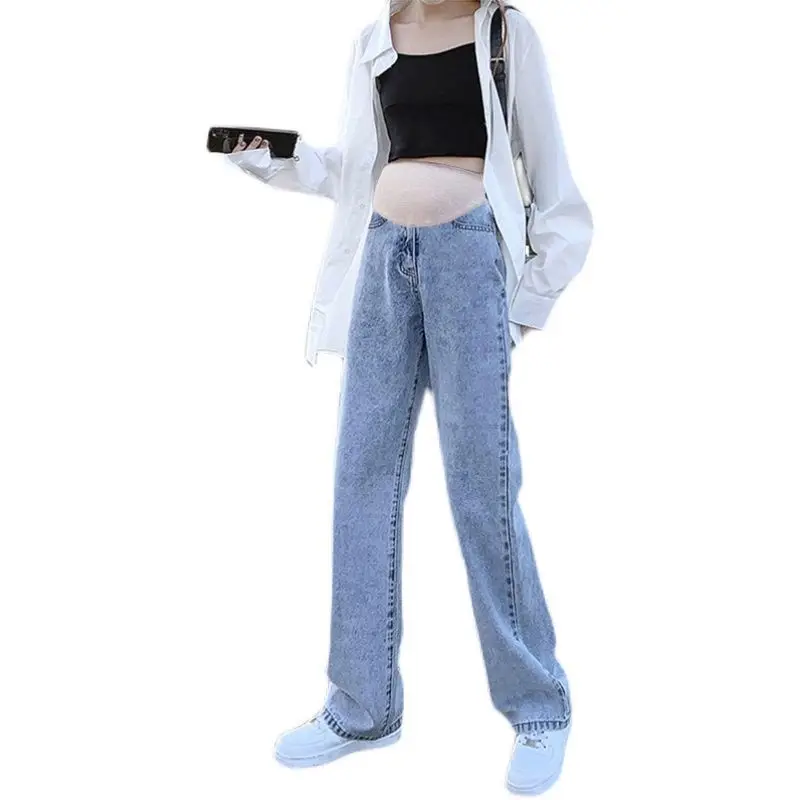 Pregnant women\'s jeans spring and autumn jeans wear straight-leg pants spring and summer pregnant women wear loose wide-leg mate