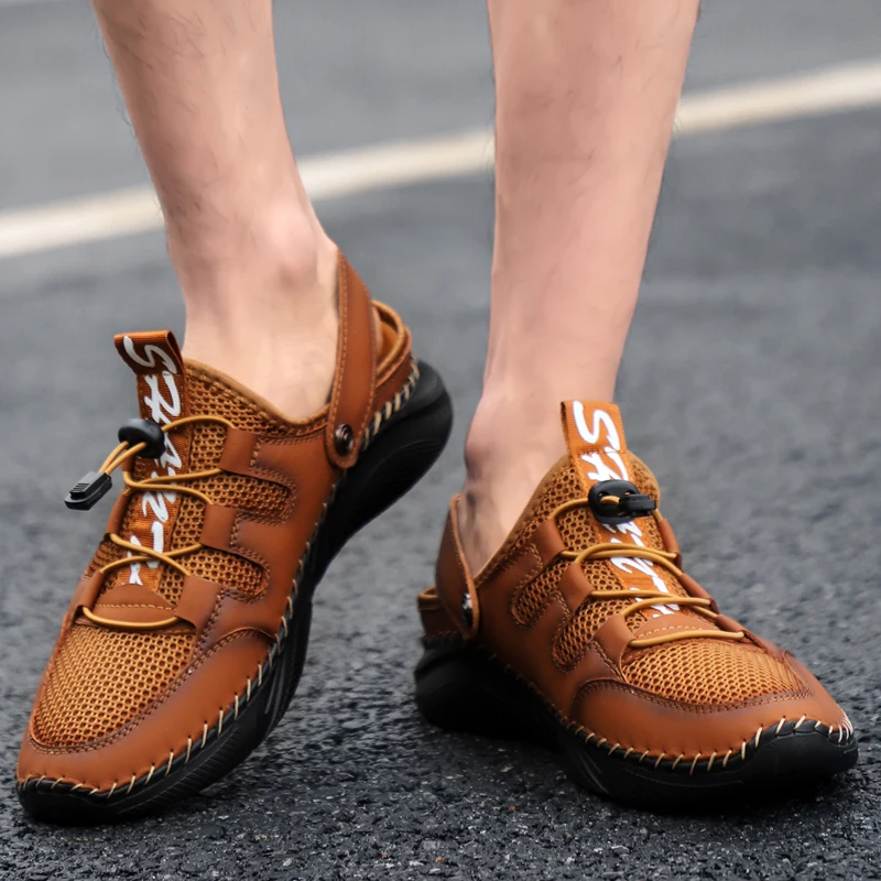 Summer Mens Sandals Leather Mesh Beach Outdoor Water Breathable Comfortable Slipper Rubber Classic Non-slip Big Size38-48