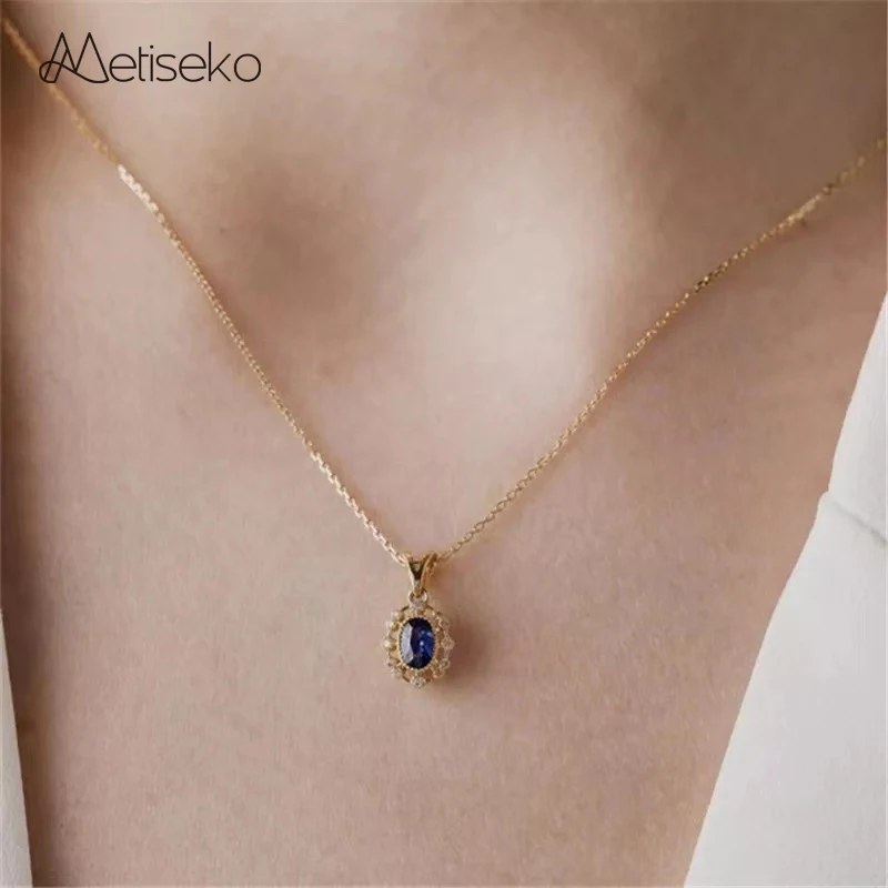

Metiseko 925 Sterling Silver Sapphire Color Cubic Zirconia Pendant Necklace 18K Gold Plated Retro Luxury Choker for Women Party