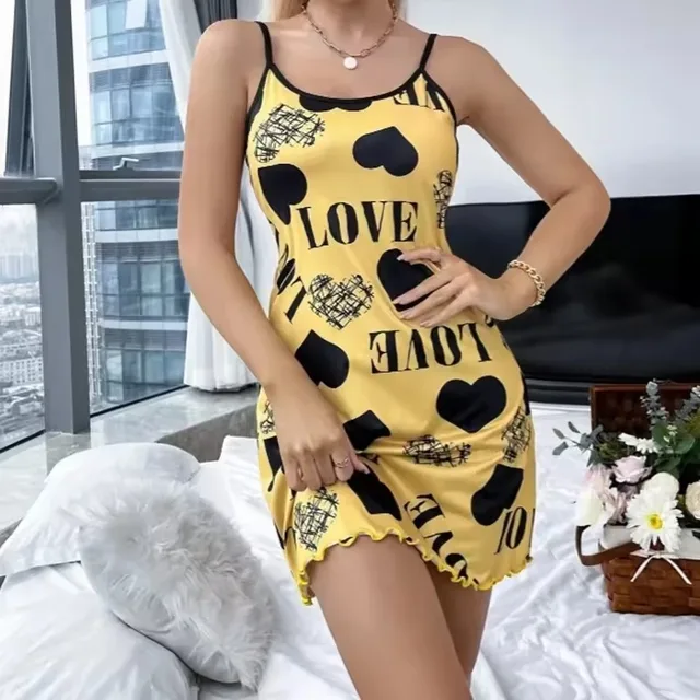 Women Spaghetti Strap V-Neck Nightdress Summer Lady Loose Nightgown Female Print Sleep Dress Thin Sleepwear Casual Home Clothes 1