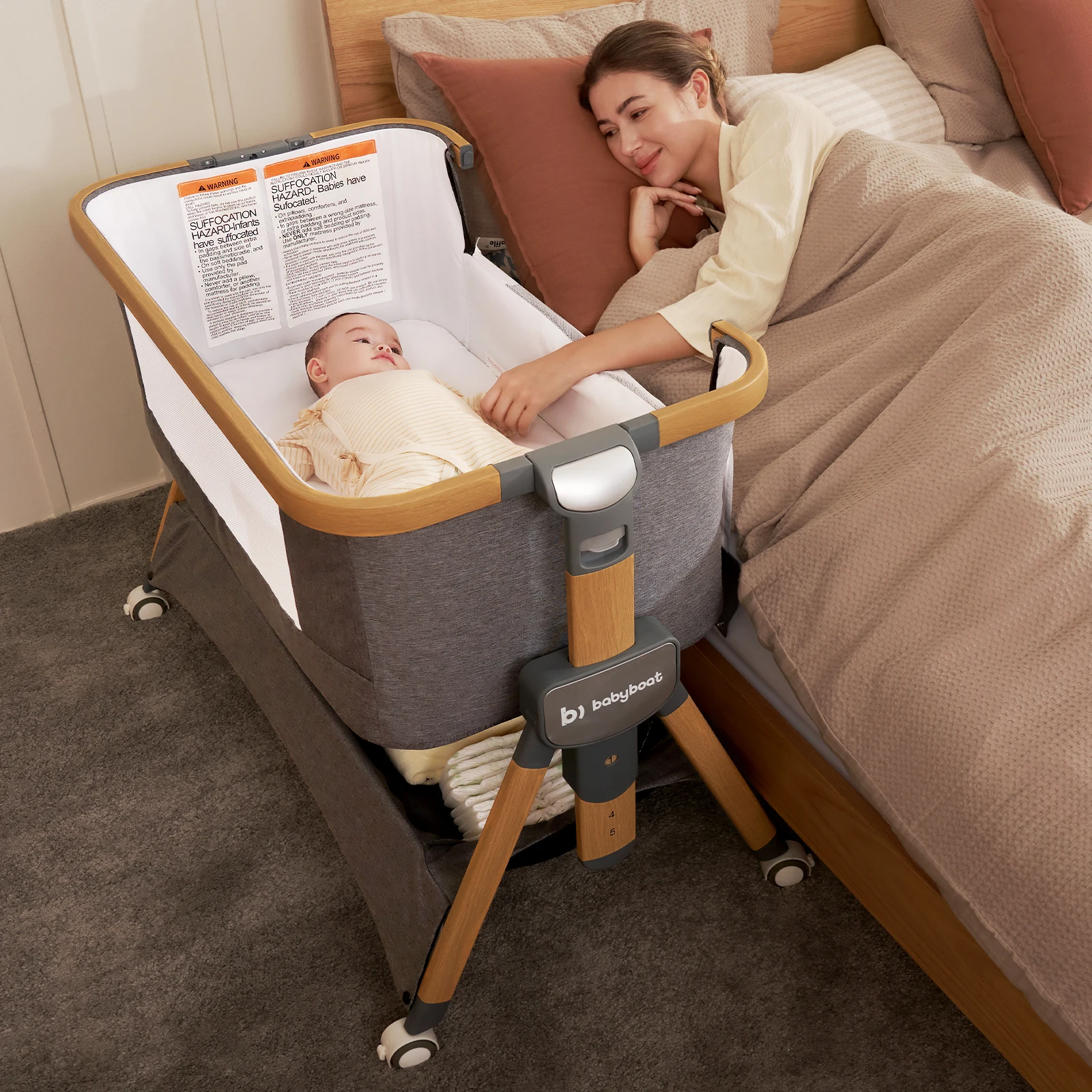 Cozy2 Baby Bedside Bassinet Sleeper Portable Travel Bassinet with Bigger Wheels 3 in 1 Crib with Mattress, Storage Bask