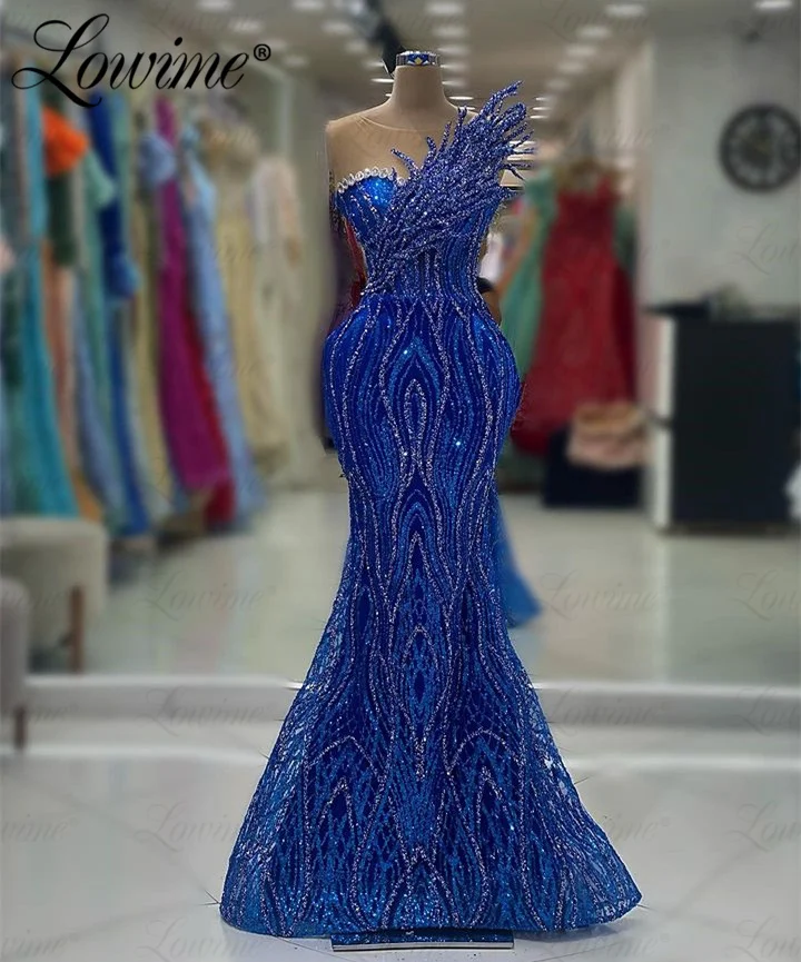 

Royal Blue Glitter Beads Party Dress 2023 Custom Made Mermaid Crystals Long Women Formal Evening Gowns Robe Elegant Prom Dresses