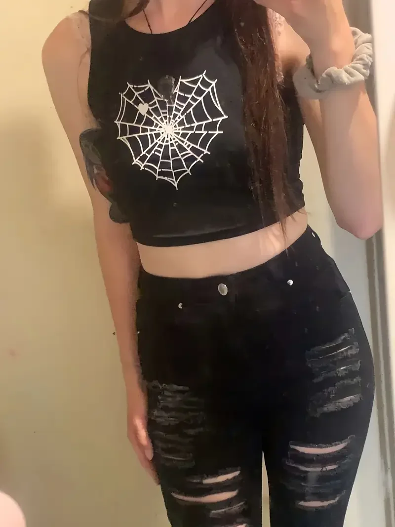 Crop Top Vest Women's Chic Spider Web Print Tank Top Black Sleeveless Shirt Cropped T-shirt Sexy
