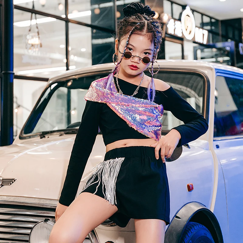 

Kids Kpop Dance Clothing Jazz Costumes Sequin Top Fringes Shorts For Girls Hip Hop Dance Performane Outfit Stage Wear XS3792