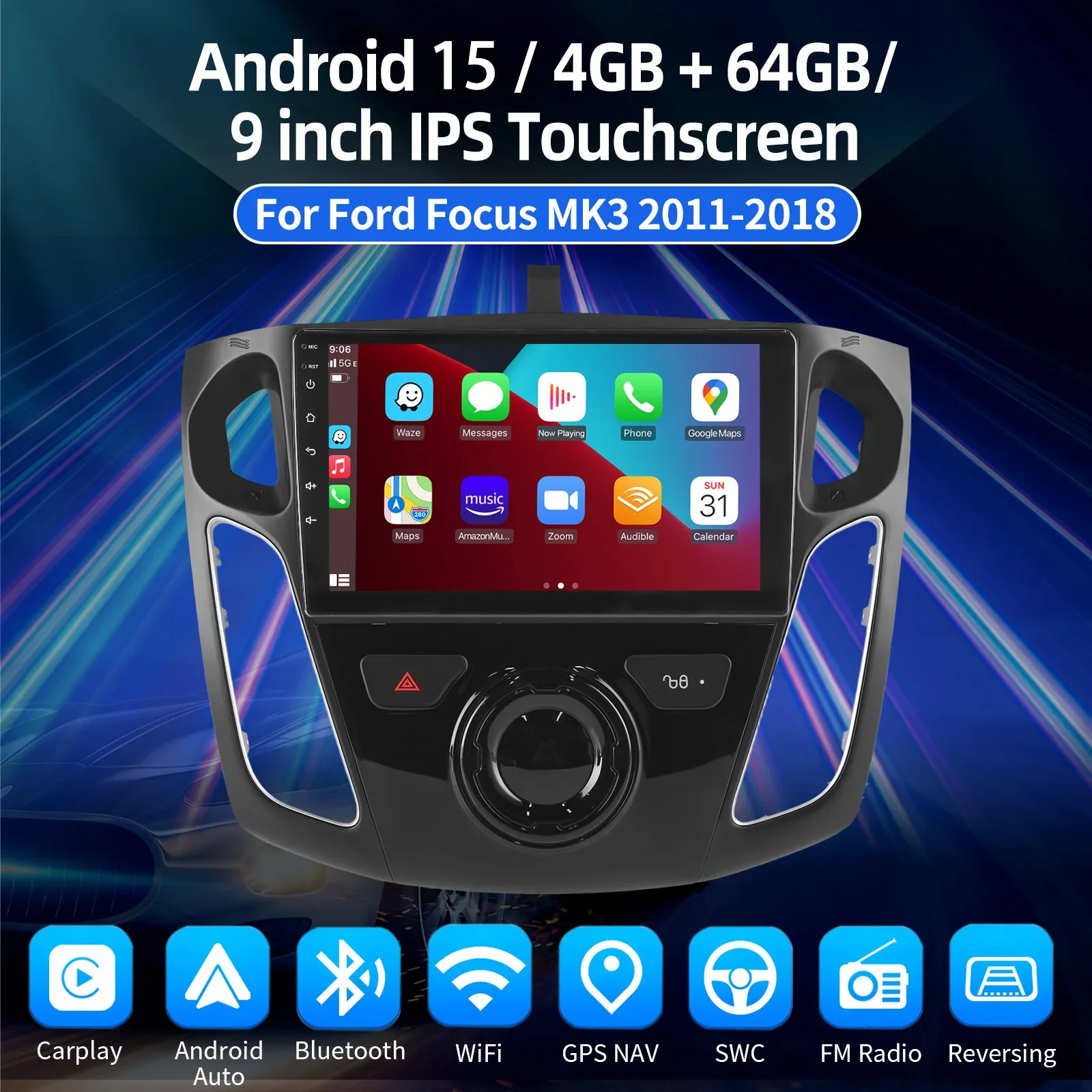 ESSGOO Android 15 Autoradio 9" GPS Navi für Ford Focus MK3 2011-2018 - CarPlay Android Auto Multimedia Player FM Bluetooth WiFi RDS Lenkradfernbedienung Mirror Link IPS Touchscreen Head Unit – Detail 1