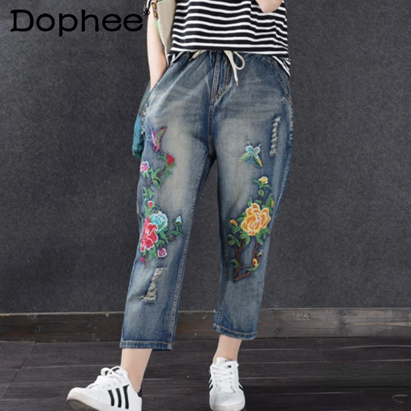 

2023 Spring and Summer New Flower Embroidery Hand Frayed Tied Elastic Waist Loose Cropped Jeans for Women Large Size Denim Pants