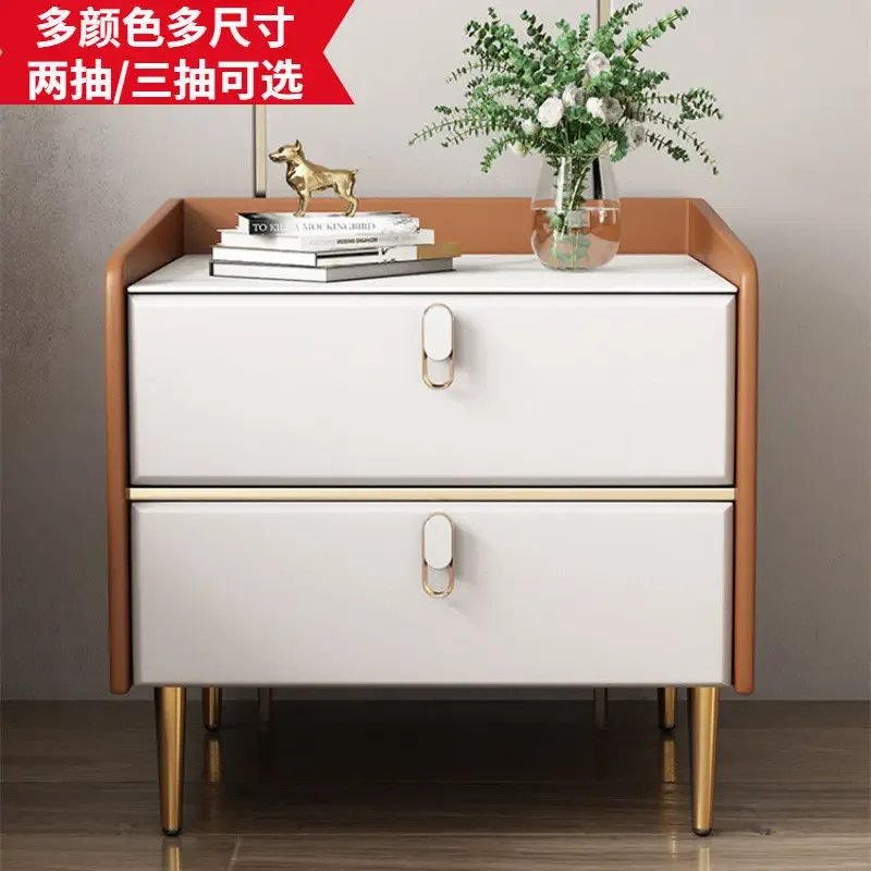 Light luxury minimalist modern Nordic all solid wood bedside table complete set of slate leather net red bedroom storage cabinet