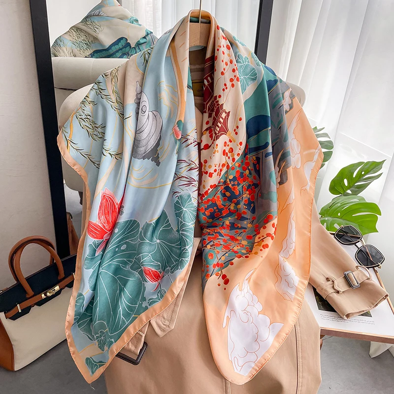 

Spring Autumn Ladies Imitated Silk Printed 110cm Fashion Travel Shawl Foulard Decoration Square Hijab Scarf