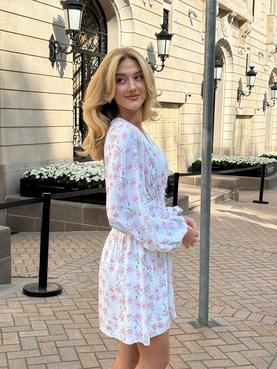 Bornladies Printed Long Sleeved Short Dress Women's Summer New Iantern Sleeve Fashionable Office Lady Waist Cinching Dresses