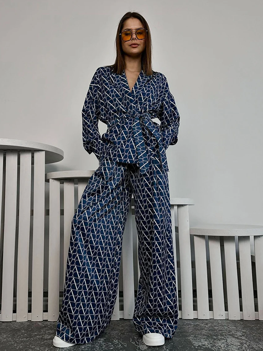 Marthaqiqi Causal Femme Sleepwear Set Turn-Down Collar Nightgowns Lace Up Nightie Long Sleeve Nightwear Pants Ladies Pajama Suit