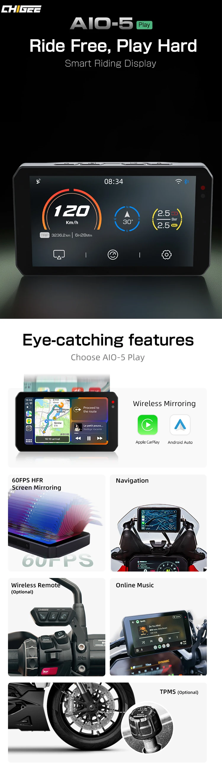 Chigee Aio-5 Play 720p Dual IP68 Dash Cam Motorcycle Carplay