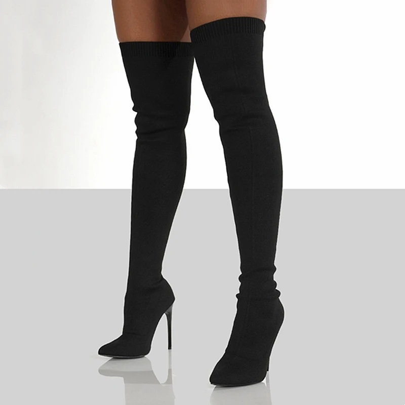Damen Overknee Stiefel Aus Stretchstoff Mit Spitzer Zehenkappe_voghion.com