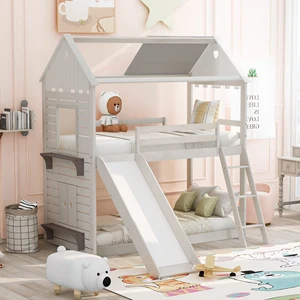 Twin Over Twin Bunk Bed Wood Bed with Roof, Window, Slide, Ladder ,Antique White