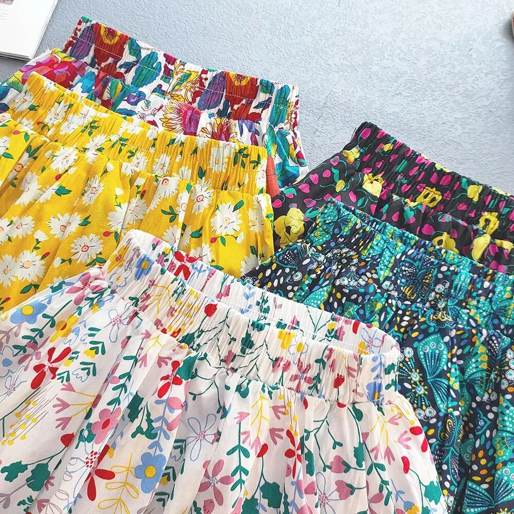 Kids Girls Pleated Skirts Princess Korean Girls Cotton Printed Large Hem Skirt Kids Floral Fluffy Party Skirt Children Clothes