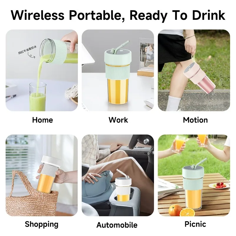 Electric Fruit Juicer Wireless Blender Juice Mixer Portable Juicer with Straw Household USB Charging 6 Blade Gift Juice Cup 6